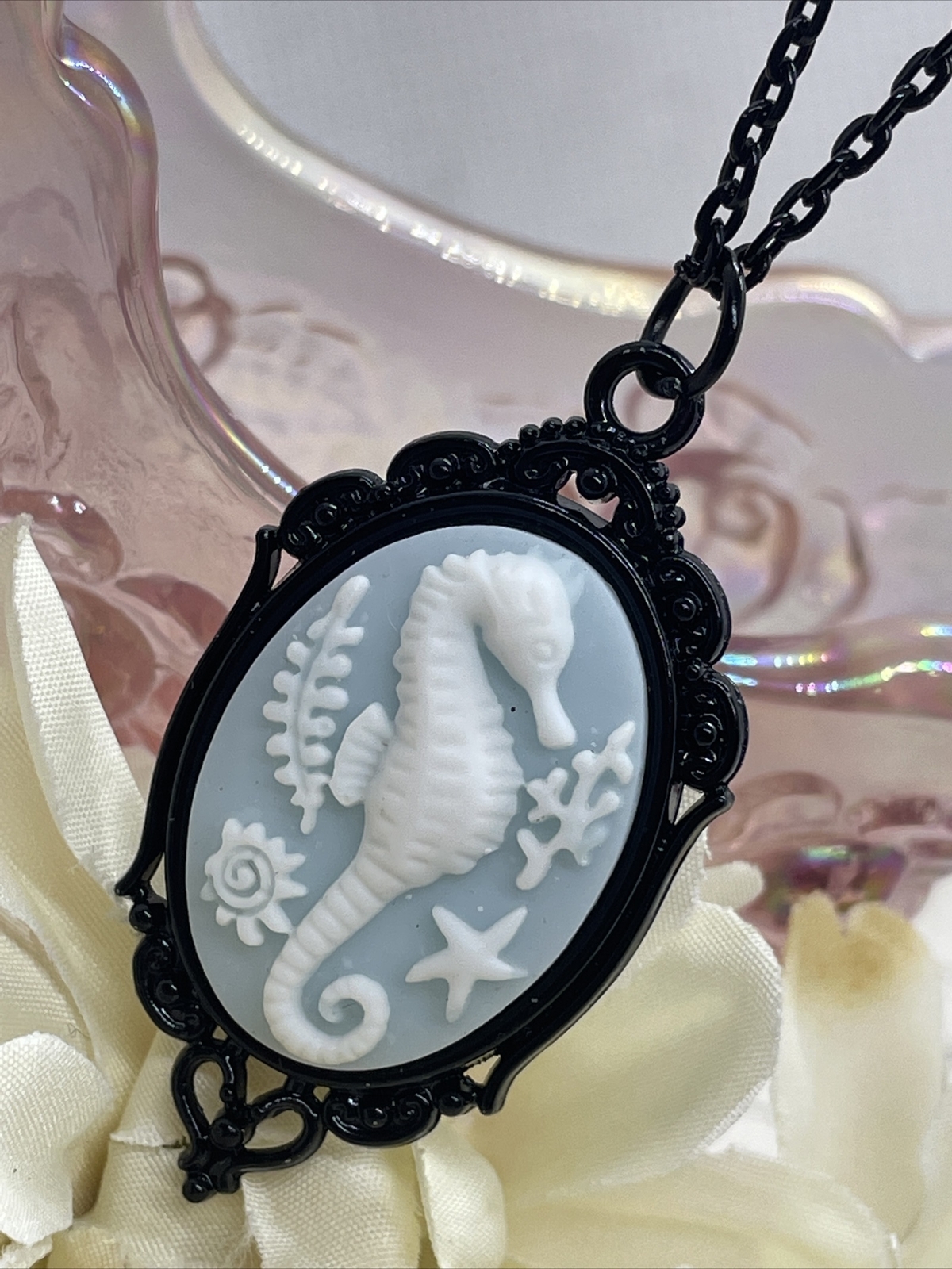 Cameo Necklace Seahorse Sea Horse Fish Prom Nautical Wedding black Heart Star