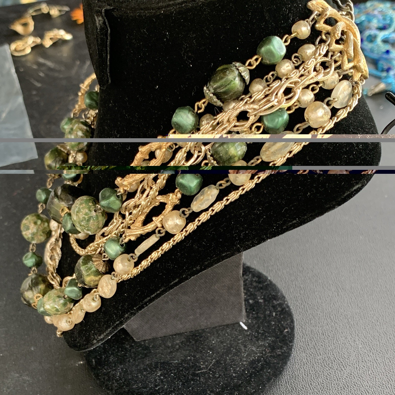 Gold Tone Layered Multi-Strand Green Round Bead Cable Chain Necklace Hook Adj