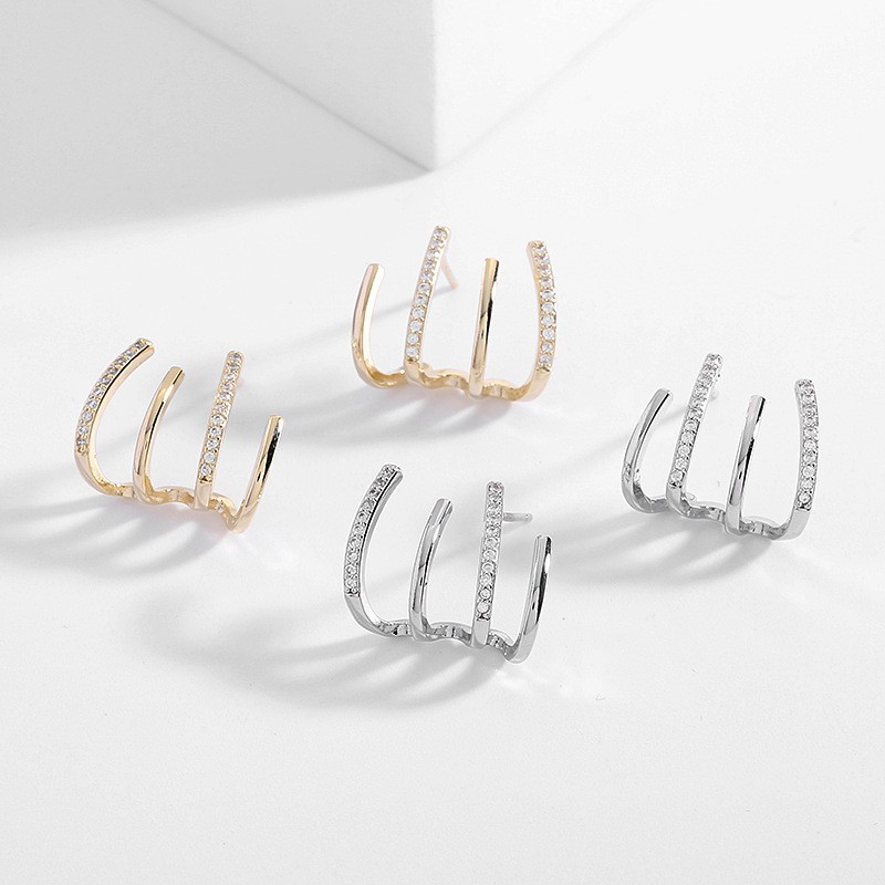 Minimal 3 Bar CZ Stud Earrings S925 Silver Post Women Daily Wear Jewellery