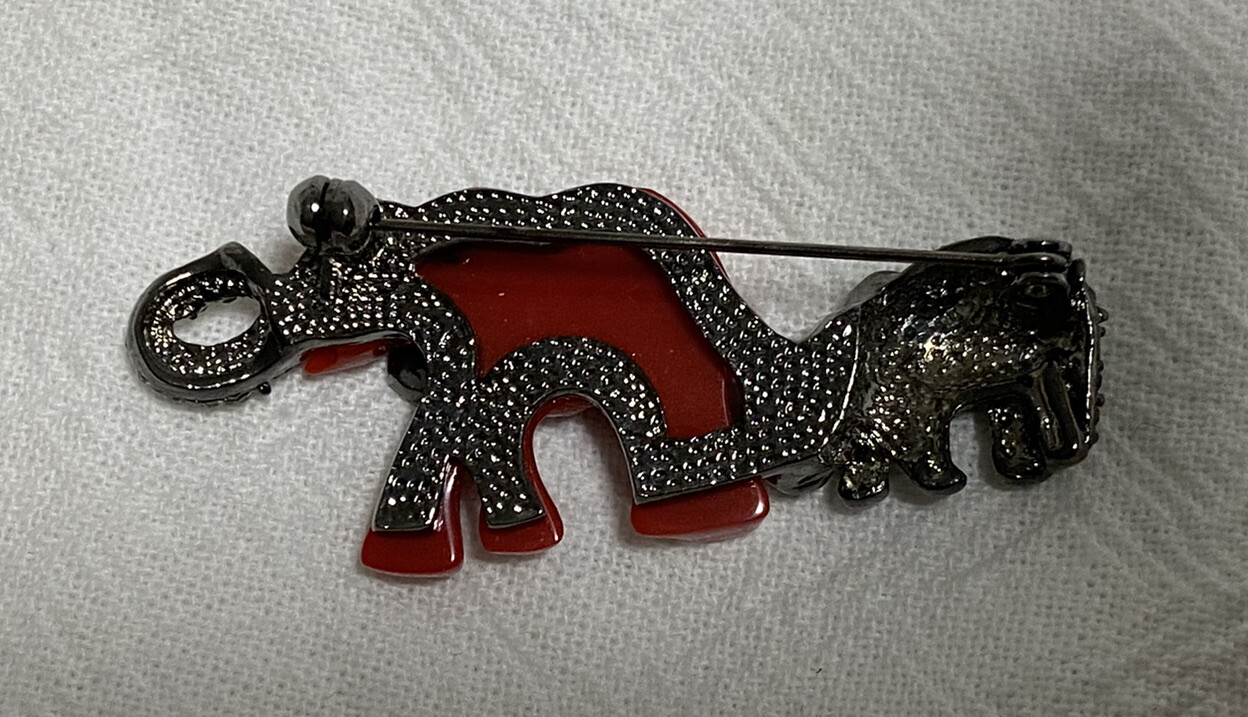 MARION GODART Paris Broche Éléphant Brooch Rouge Small Red Resin Rhinestone VTG