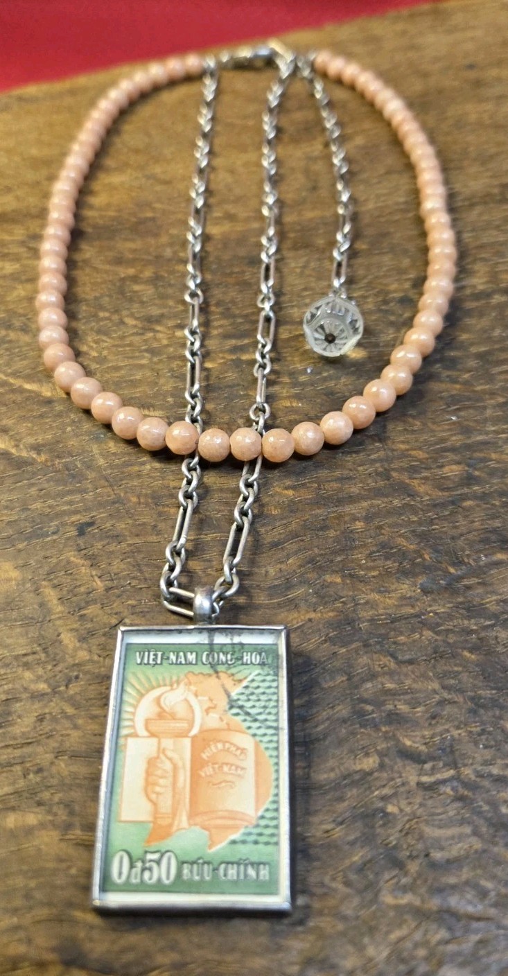 1957 Postage Stamp Pendant/Double Necklace, Vietnam, Quartz 925 Sterling Silver