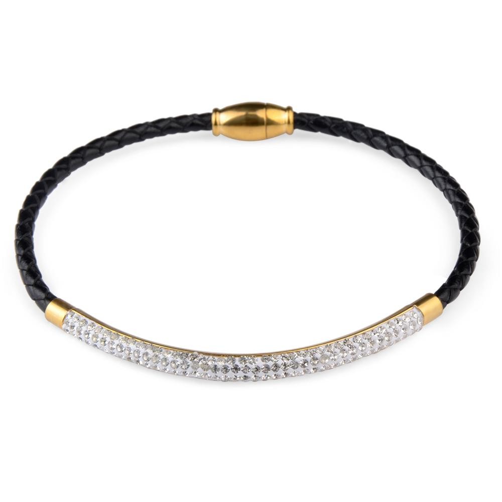 Stainless Steel Leather Bracelet Rhinestone Crystal Bangle with Magnetic Clasp