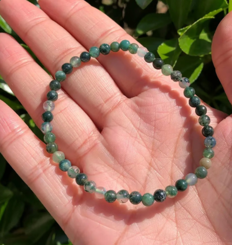 Natural Moss Agate 4mm Gemstone Round Beaded Healing Balance Luck Bracelet Gift