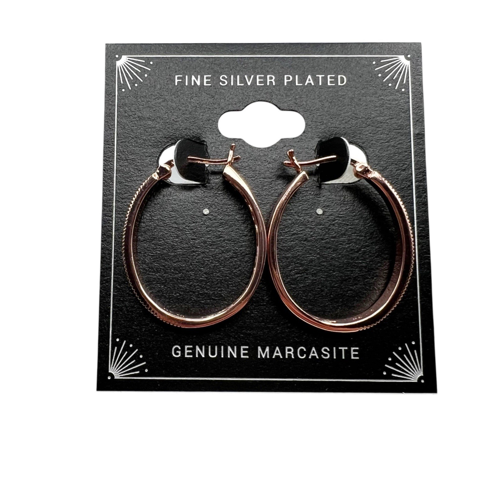 NWT Rose Gold Fine Silver Plated Genuine Marcasite Oval Hoop Pierced Earrings