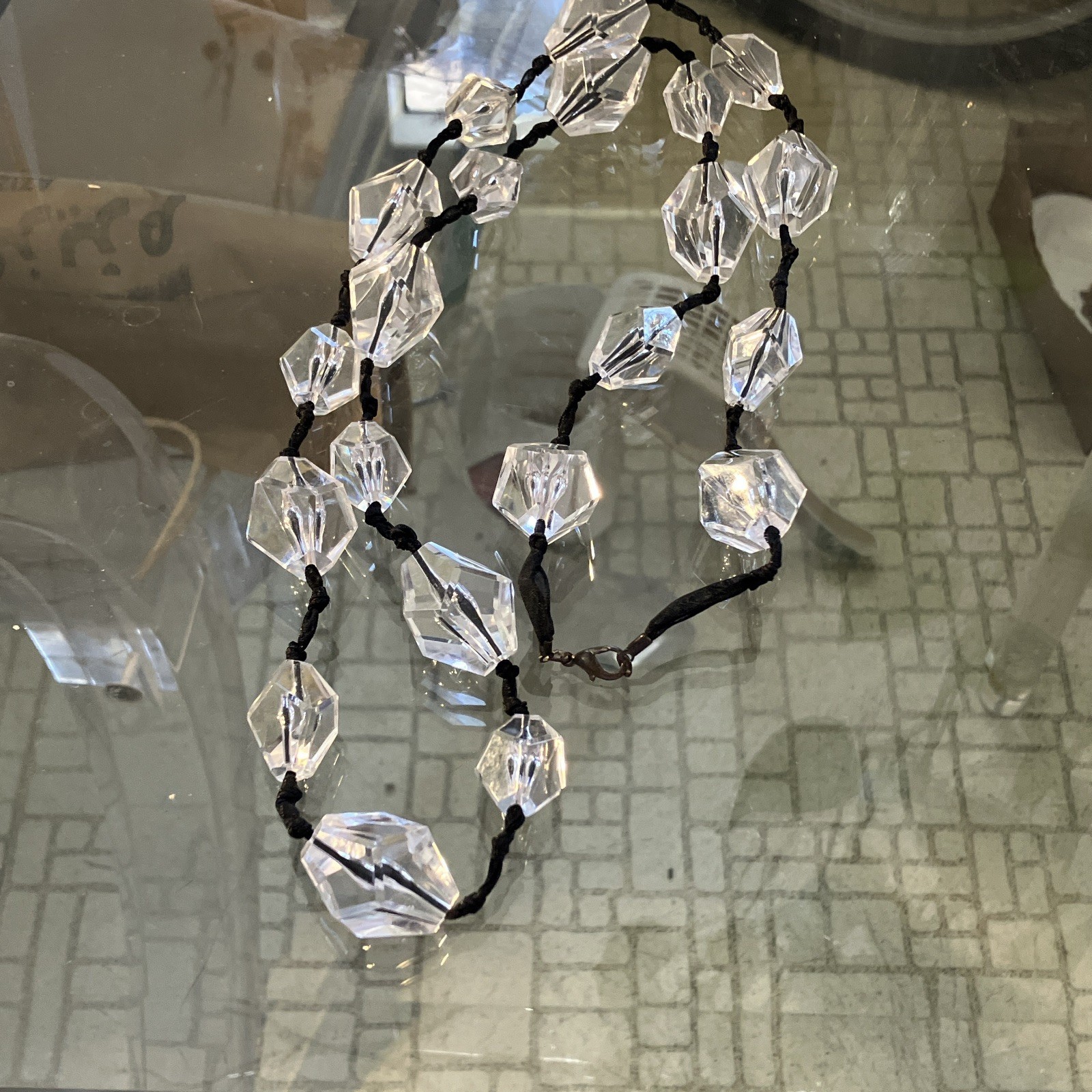 36” Clear Crystal Bicone Beaded Necklace Black Cord Spring Ring Clasp