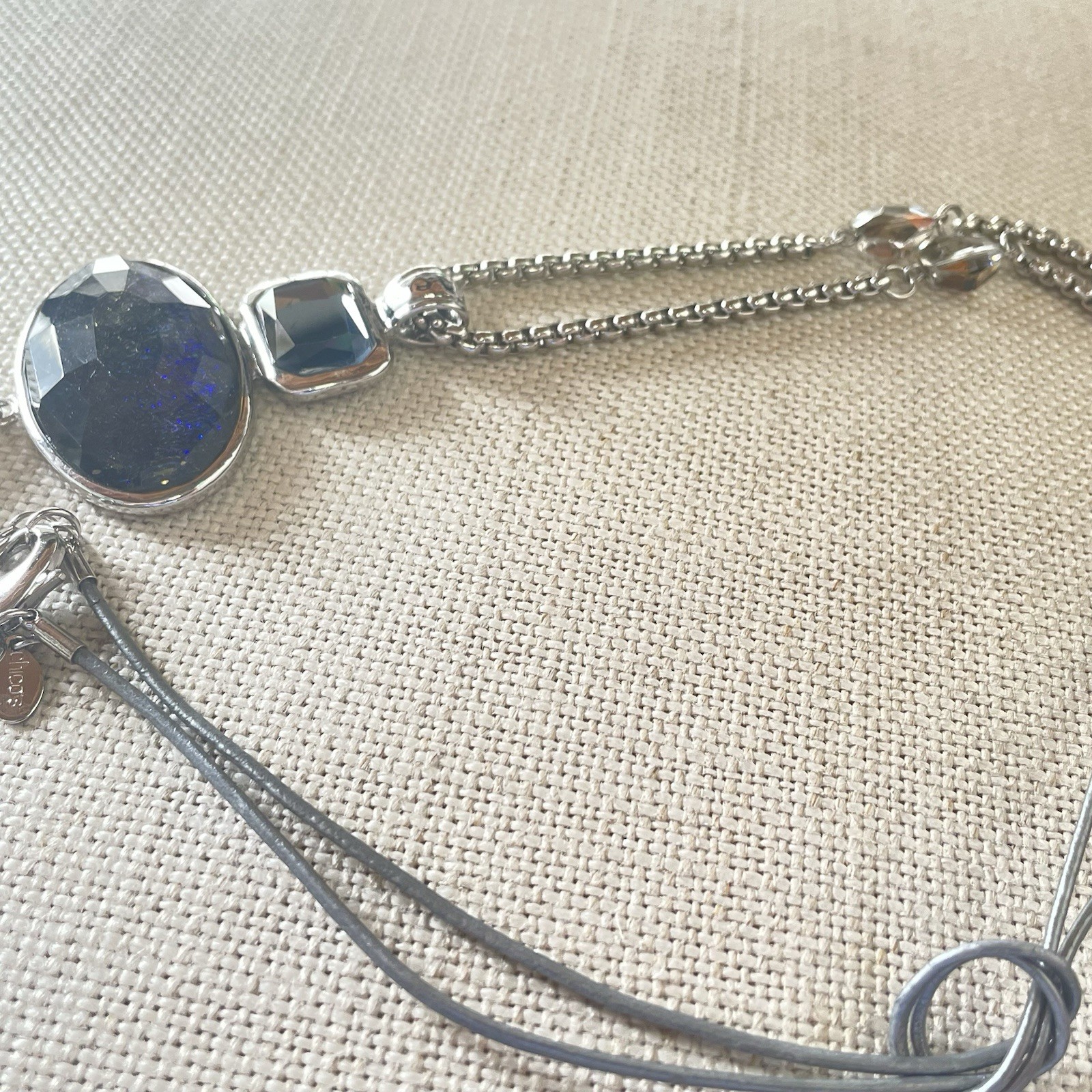 Chico’s Silver Tone Textured Chain Gray Cord Blue Jewel Charm Necklace Chic 34”