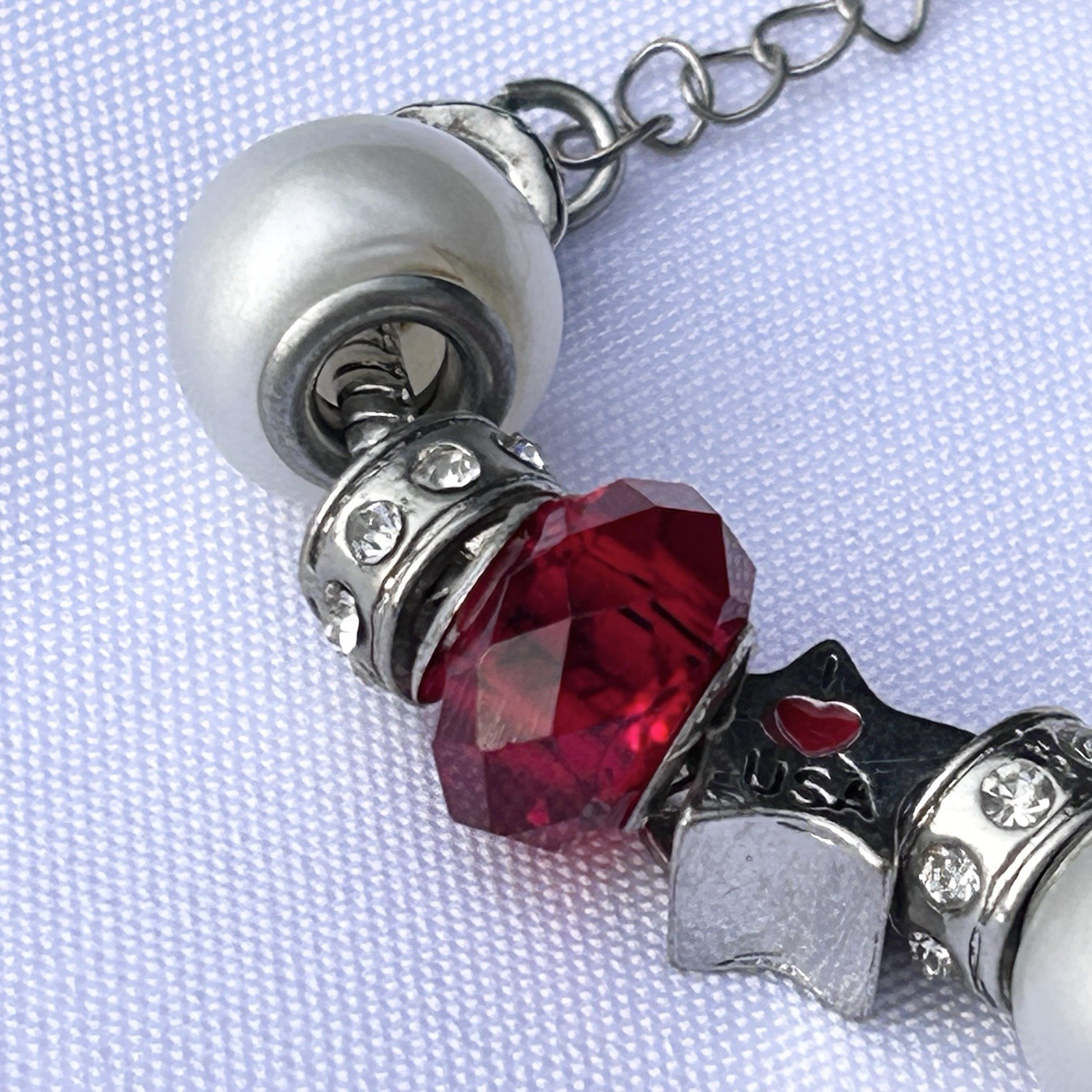 Slide Style Charm Bracelet Patriotic Fourth Of July I Love USA Stars Rhinestone