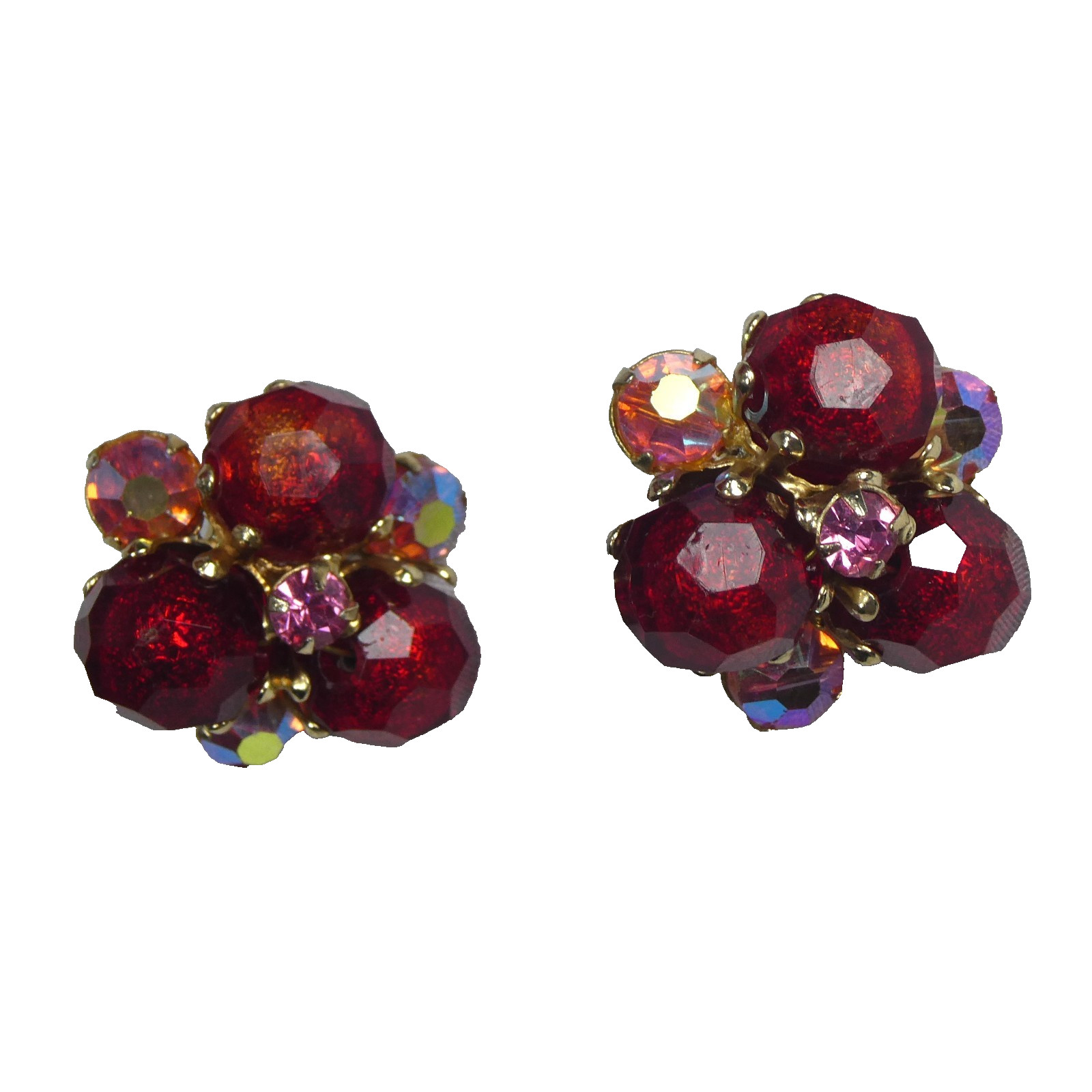 Vintage Vogue Red Aurora Borealis Crystal Cluster Clip On Earrings Mid Century