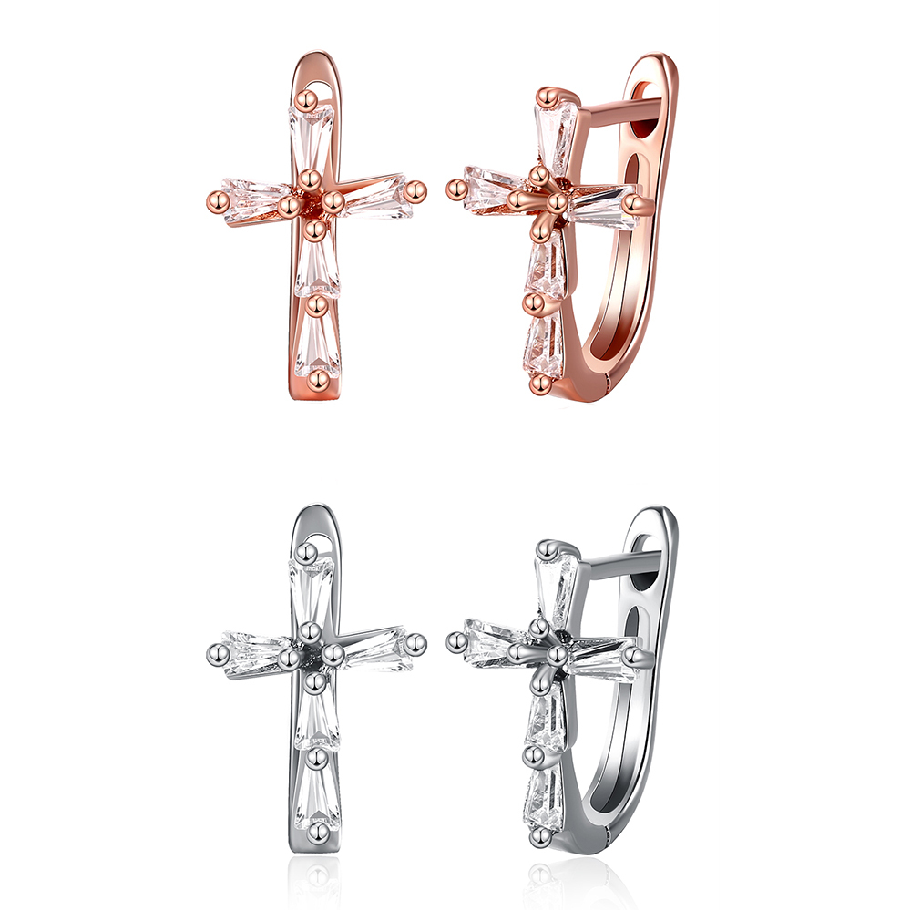 Rose Gold Platinum Plated Earrings AAA Zirconia Latch Back Cross .4″ L274