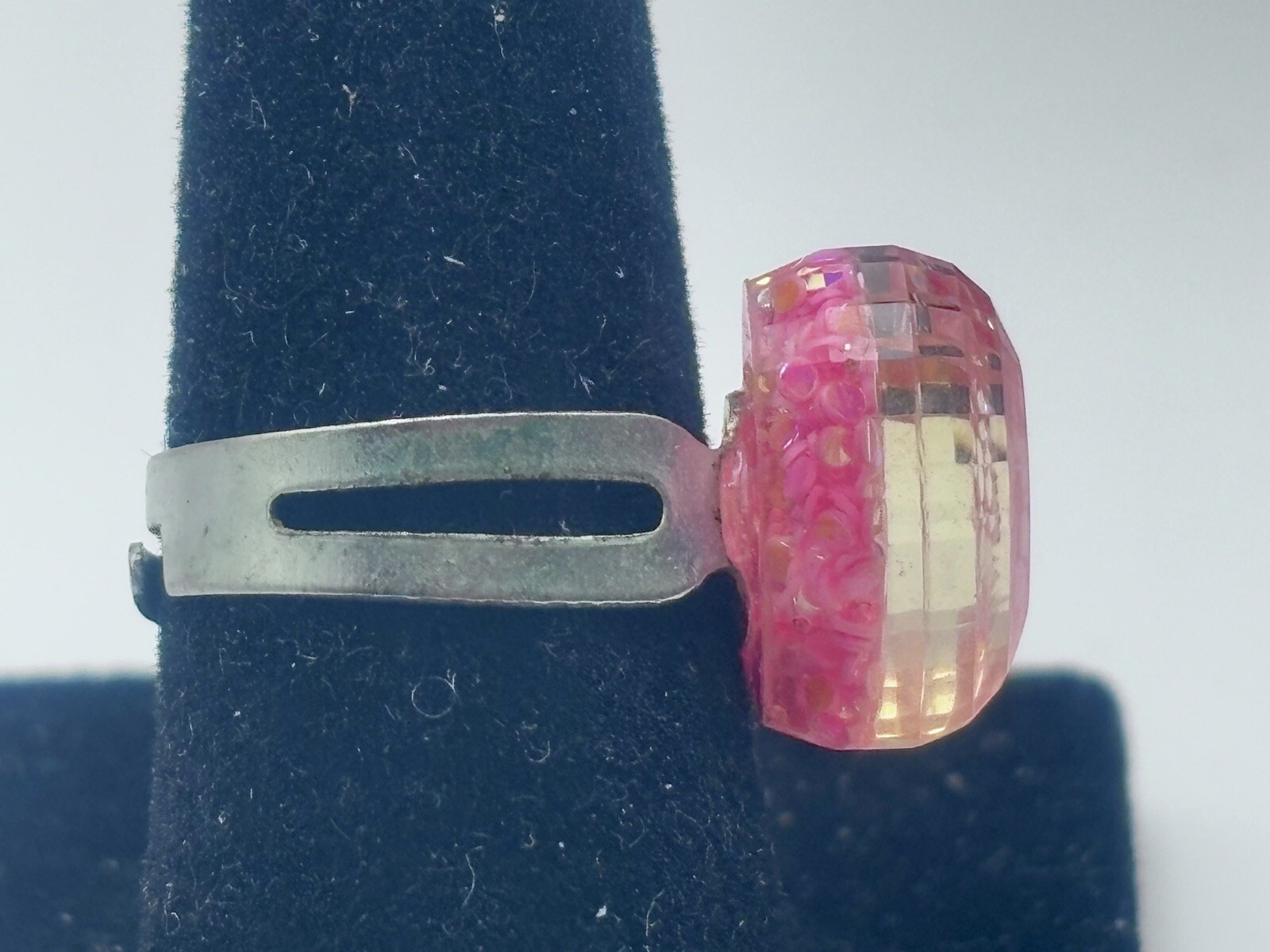 Pink Sparkly Reflective Plastic 3D Heart Ring Adjustable Size 5