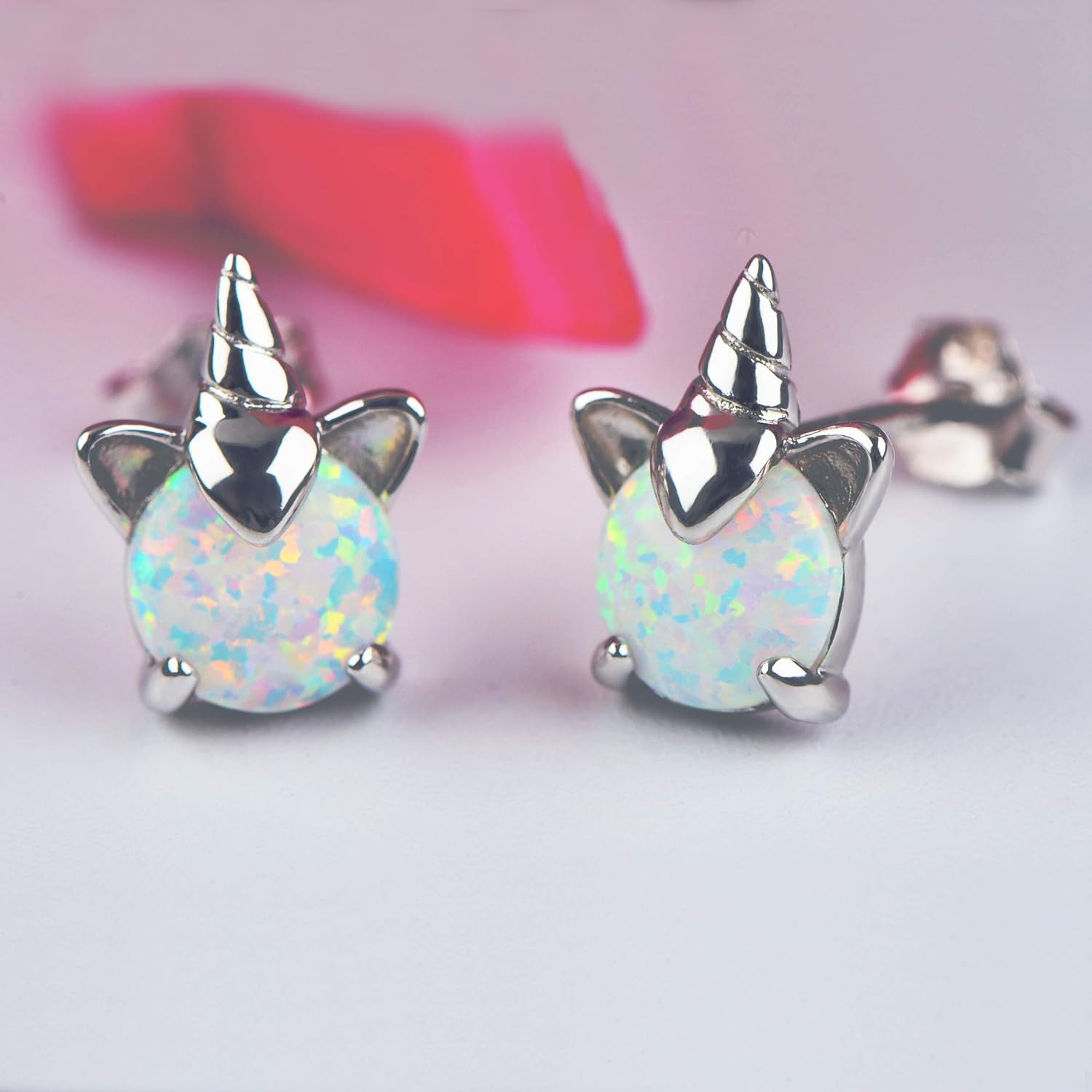 Unicorn Earrings for Girls, Hypoallergenic Fire Opal Stud Earrings S925 Sterlin
