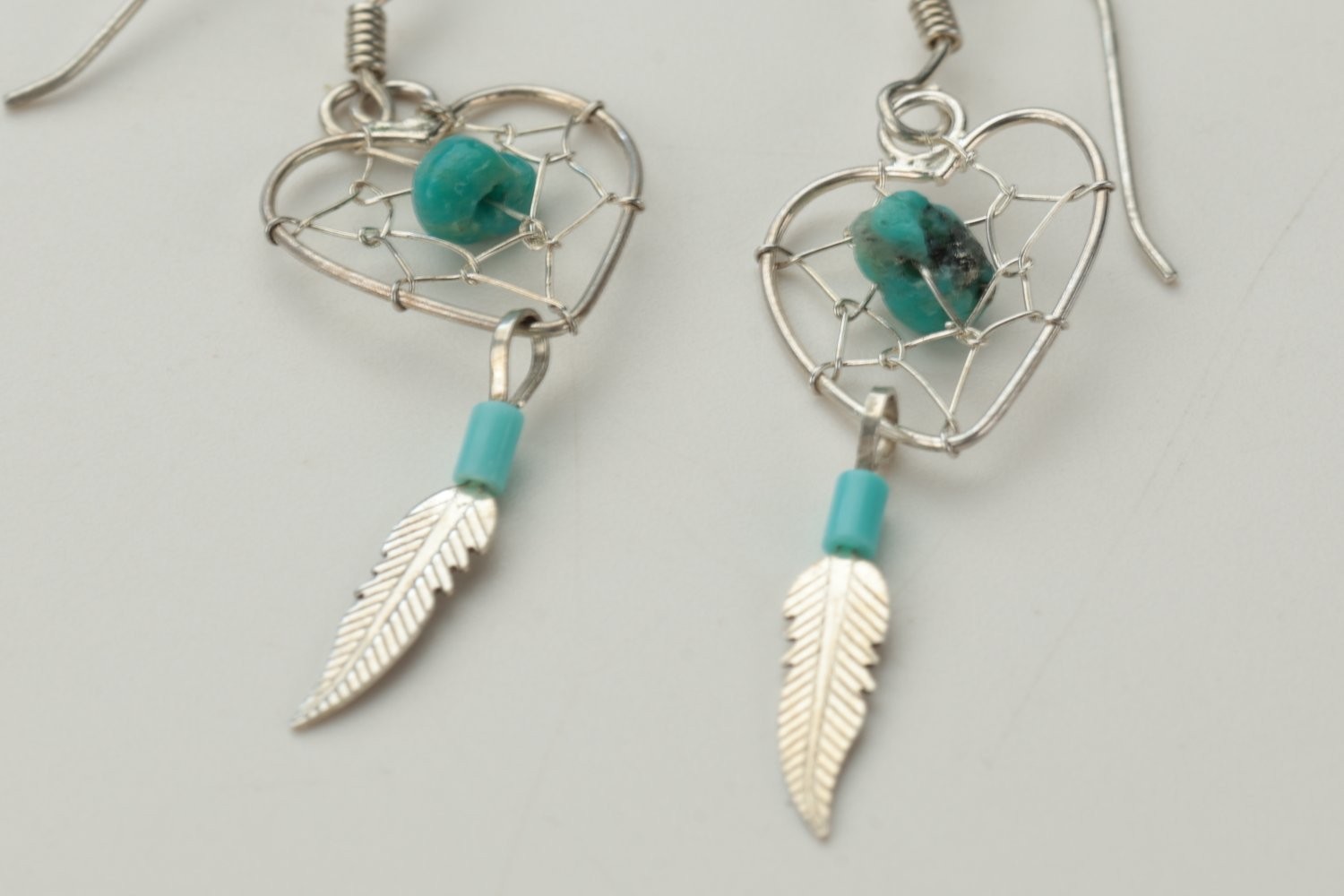 Earrings Small Silver Sterling Dangling Feather Charms Turquoise Dreamcatcher