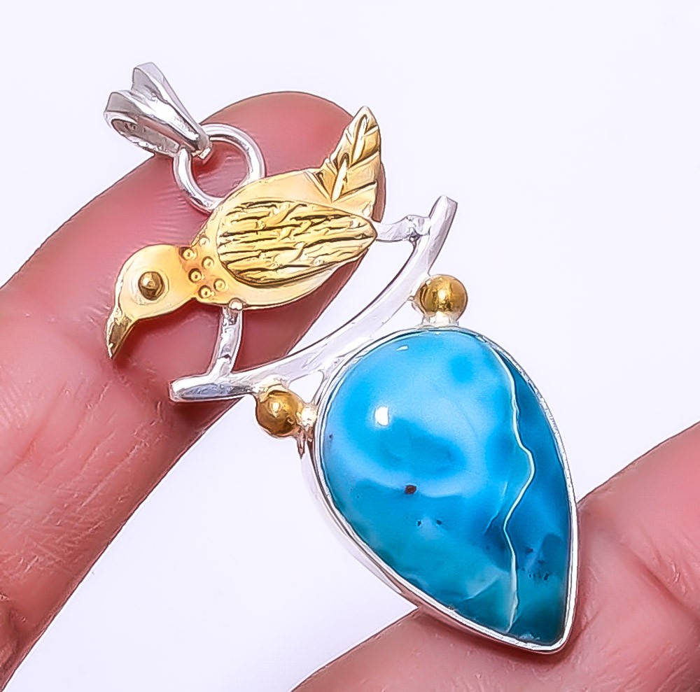 Larimar – Artistic 925 Sterling Silver Gold Plated Bird Pendant 1.79″ A320