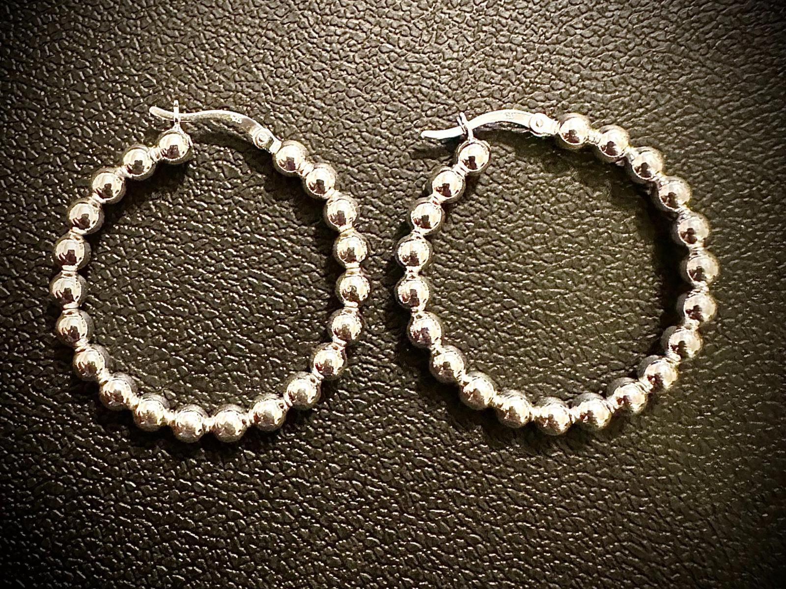 925 Sterling Silver Hoop Earrings 35mm Beaded Ball Hoops Women