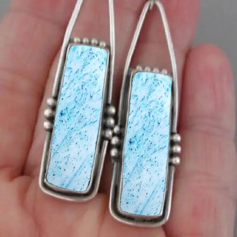 RETRO BOHO STYLE RECTANGLE CUT BLUE RESIN FLAKE MOSAIC DANGLE EARRINGS