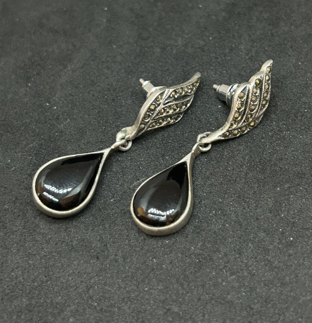 925 Sterling Marcasite Onyx Dangle Tear Drop Earrings 1.5in – 6.0g