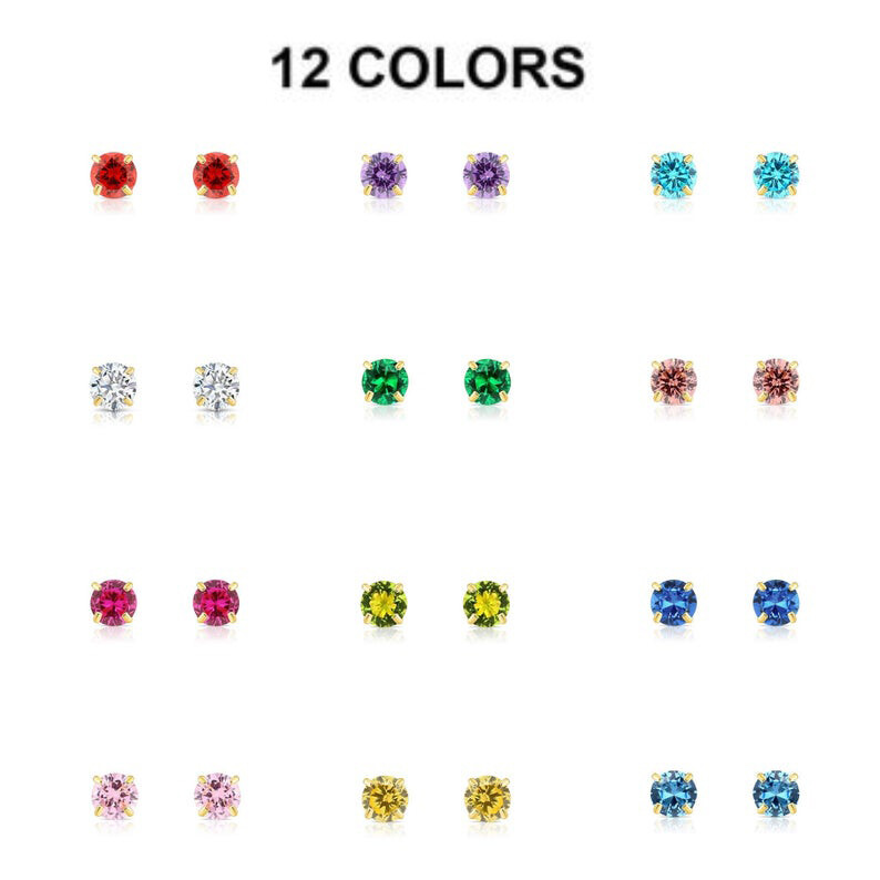 14K Real Solid Yellow Gold 3mm CZ Birthstone Stud Earrings Pushback Sleeper Stud