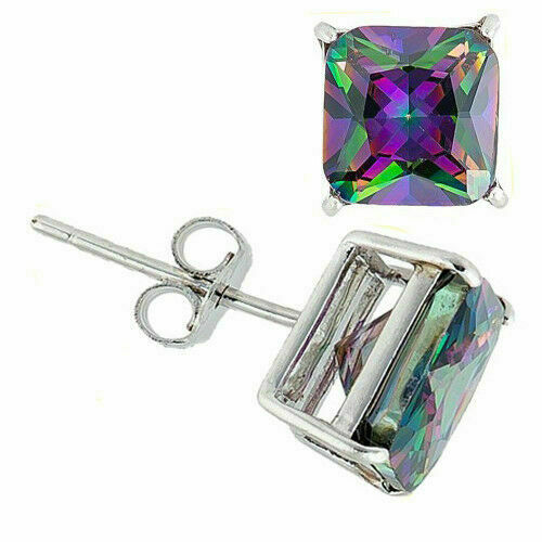 Sterling Silver 925 Princes Square Cut Cubic Zirconia Men Women Ear Stud Earring
