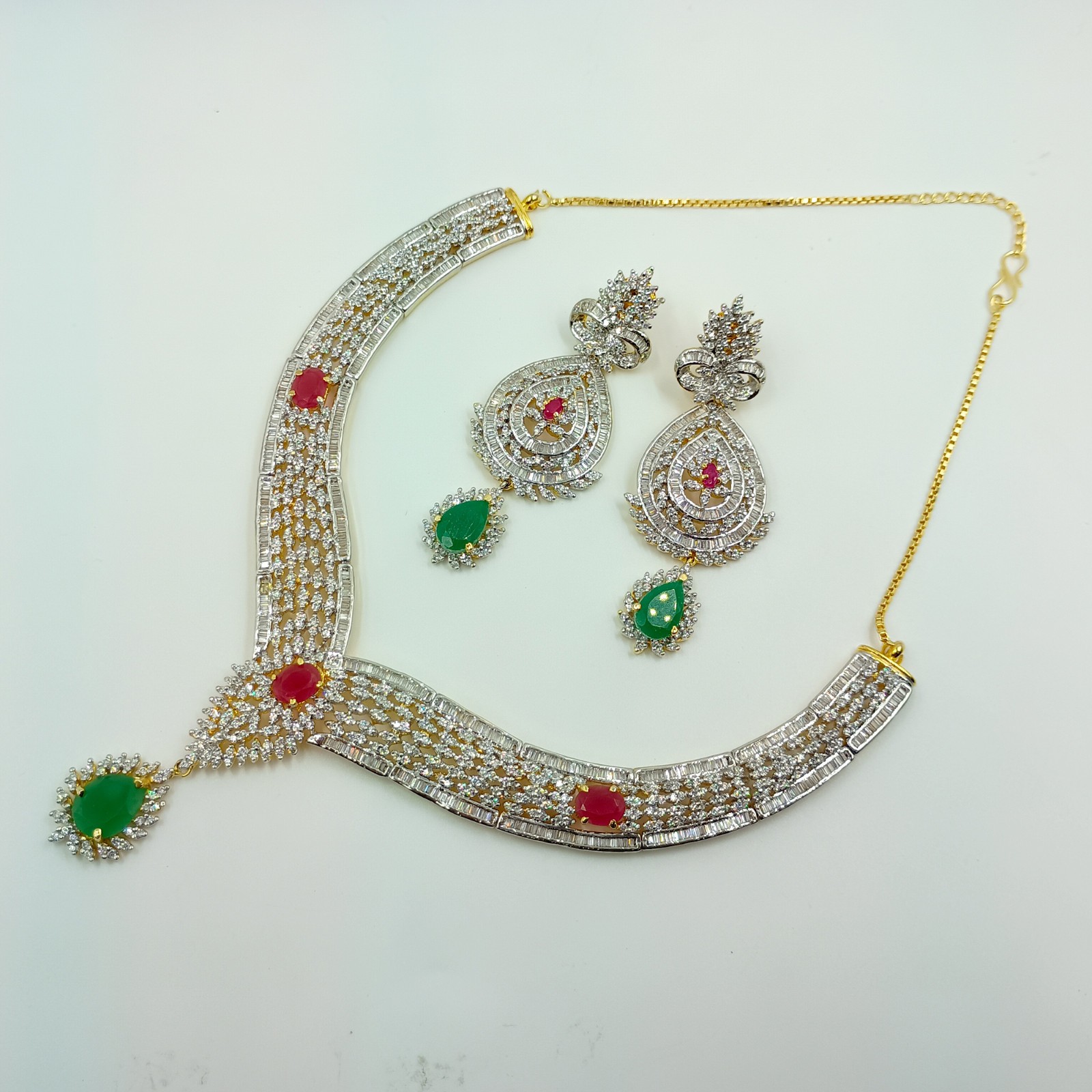 Traditional Emerald Ruby CZ Diamond Choker Necklace Set 22k Gold Plated