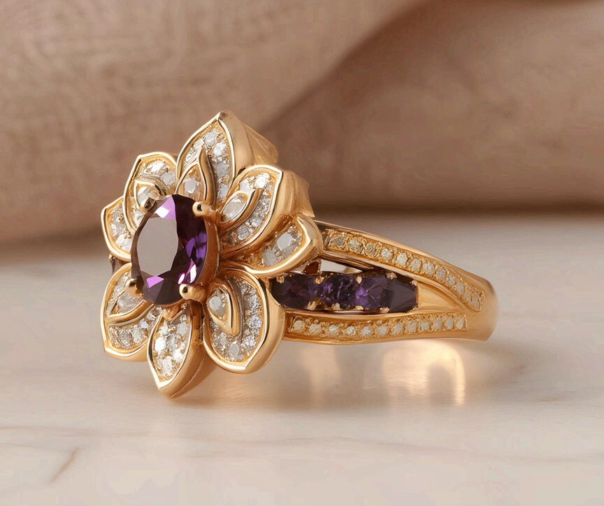 Copper Flower Statement Ring Purple CZ Fashion Cocktail Ring