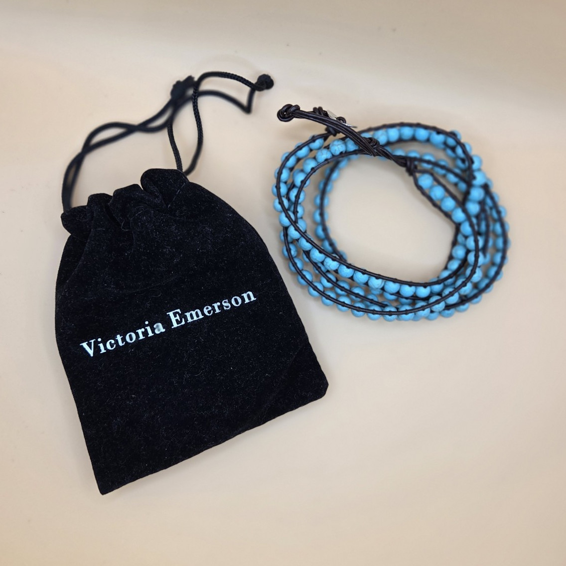 Victoria Emerson Blue Beaded Leather Wrap Bracelet Button Adjustable