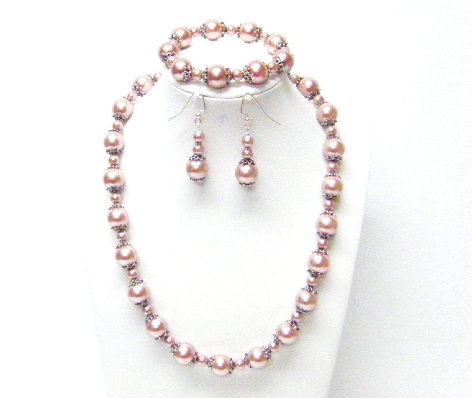 6/12mm Smoke Glass Pearl Necklace/Bracelet/Earrings w/Silver Plated Bead Caps