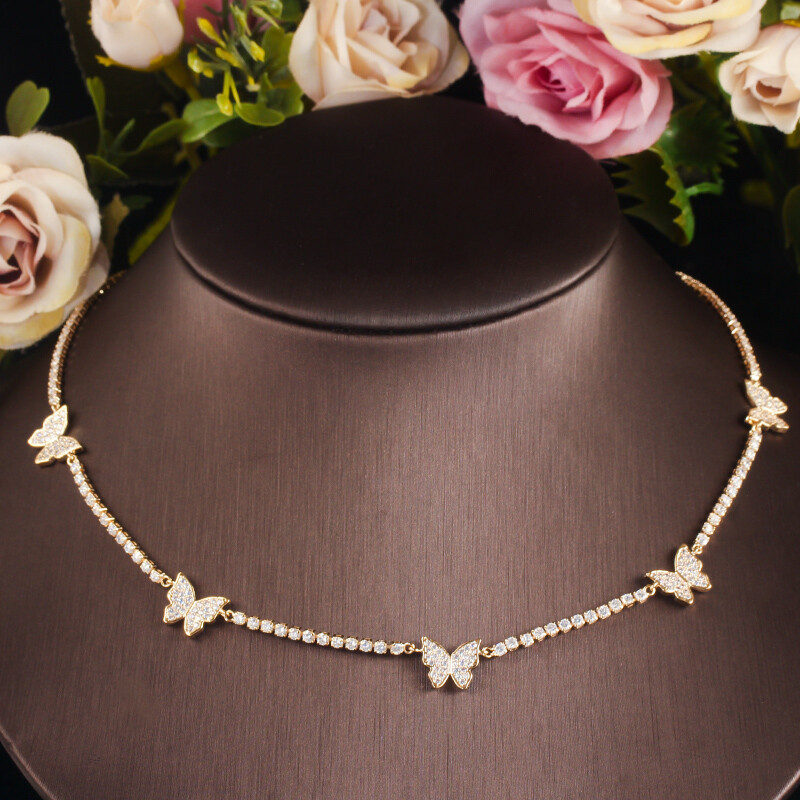 Cubic Zirconia Tennis Butterfly Connect Clavicle Round Choker Necklace for Women