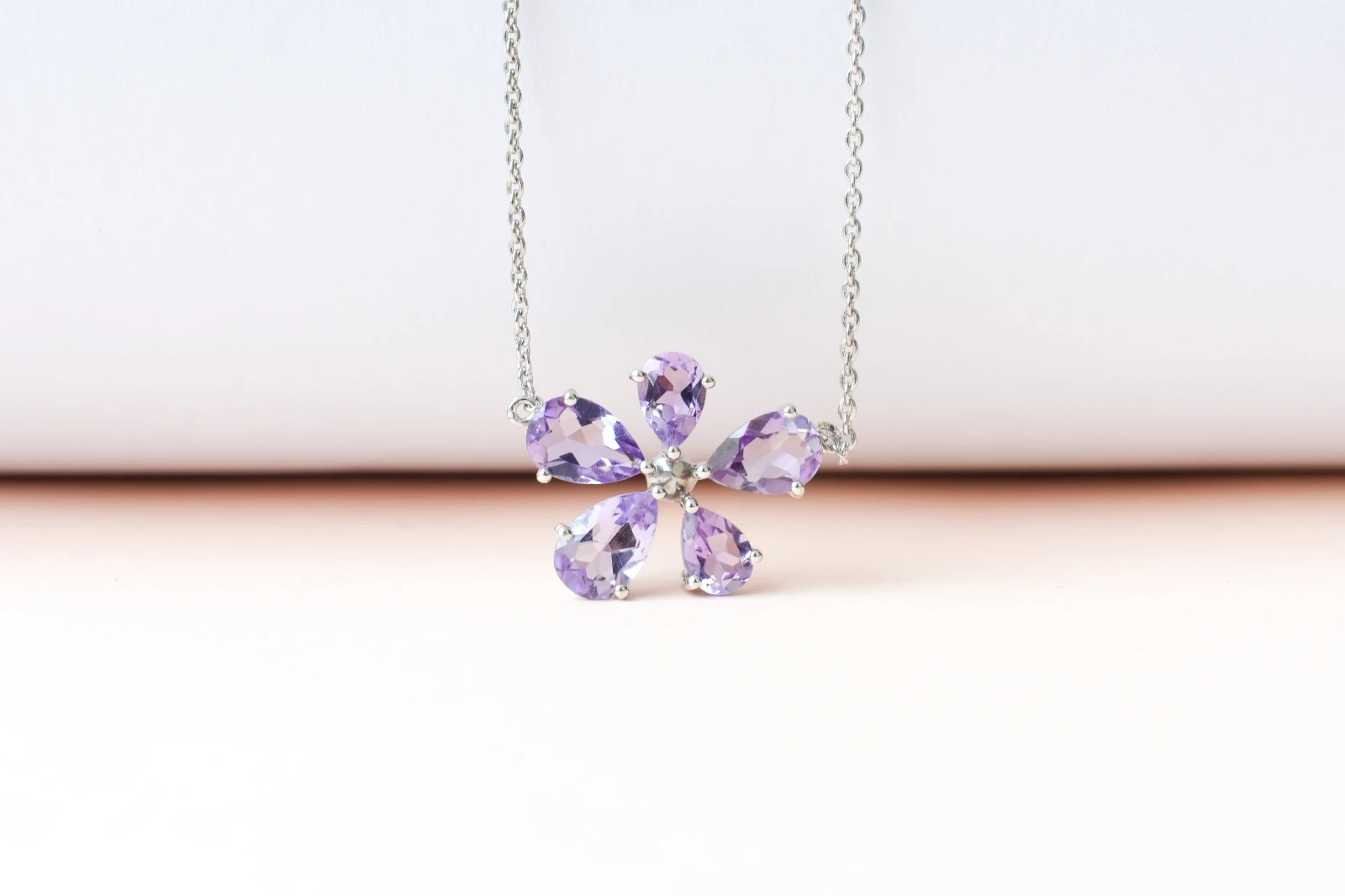 IGS Certified Natural Amethyst Flower Pendant Necklace, Sterling Silver