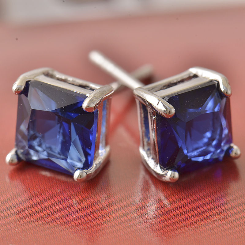 New White Gold Filled 6mm Princess Square Cut Sapphire Blue CZ Stud Earrings
