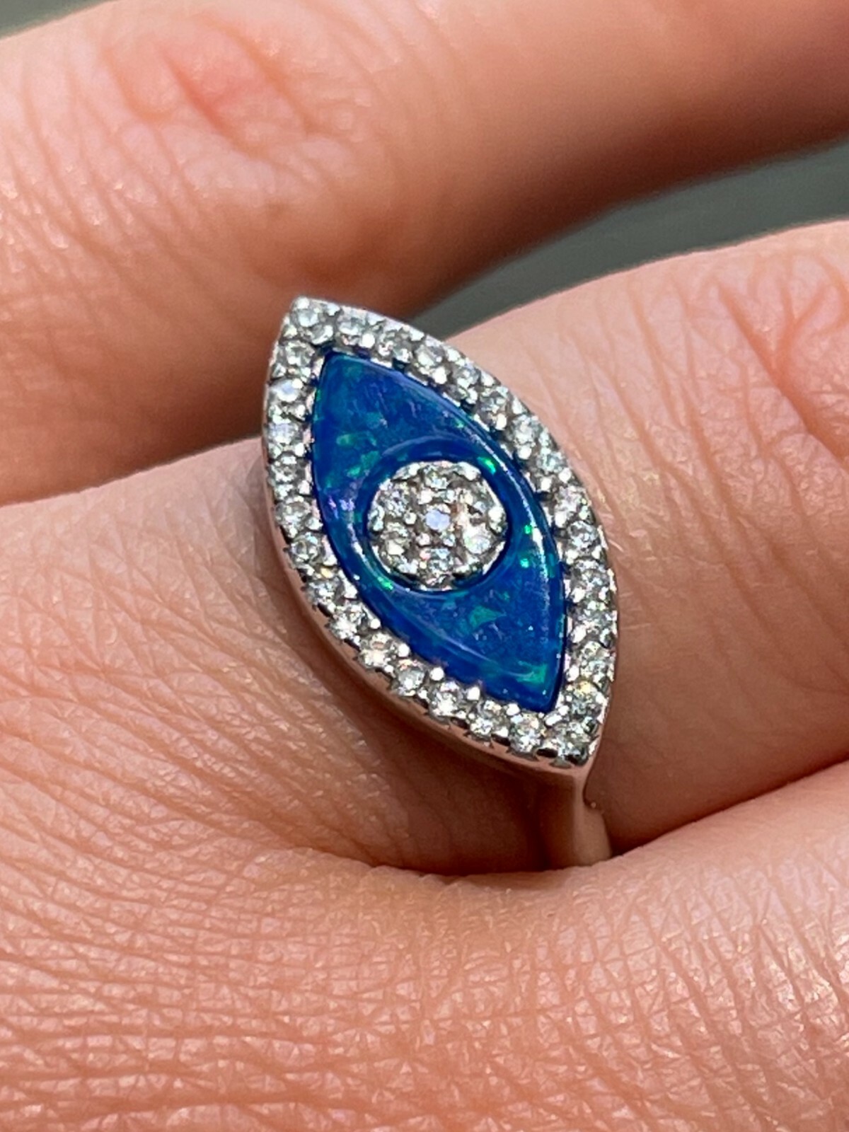 Real 925 Silver Evil Eye Blue Opal CZ Ring Girls Ladies Size 5 6 7 8 9 10