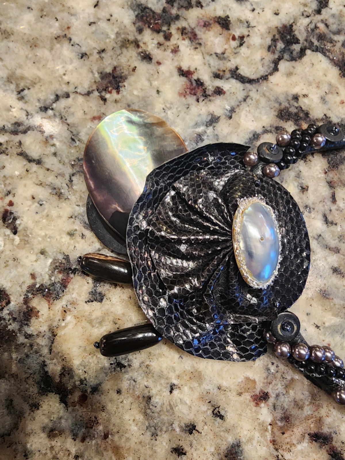 Artisan Black Leather Statement Necklace Iridescent Shell Pendant Boho