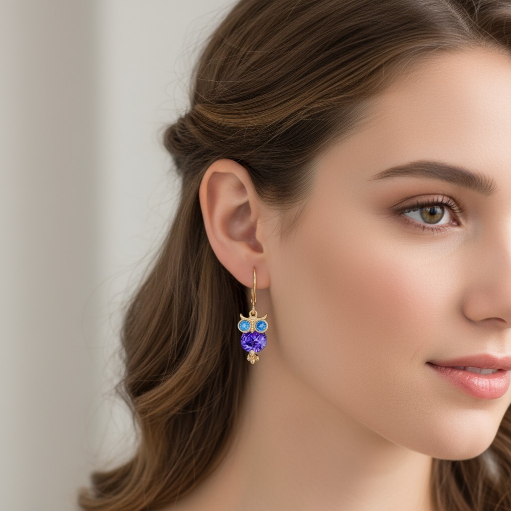 Betsey Johnson CZ Owl Drop Earrings – Gold-Tone with Blue & Purple Crystals