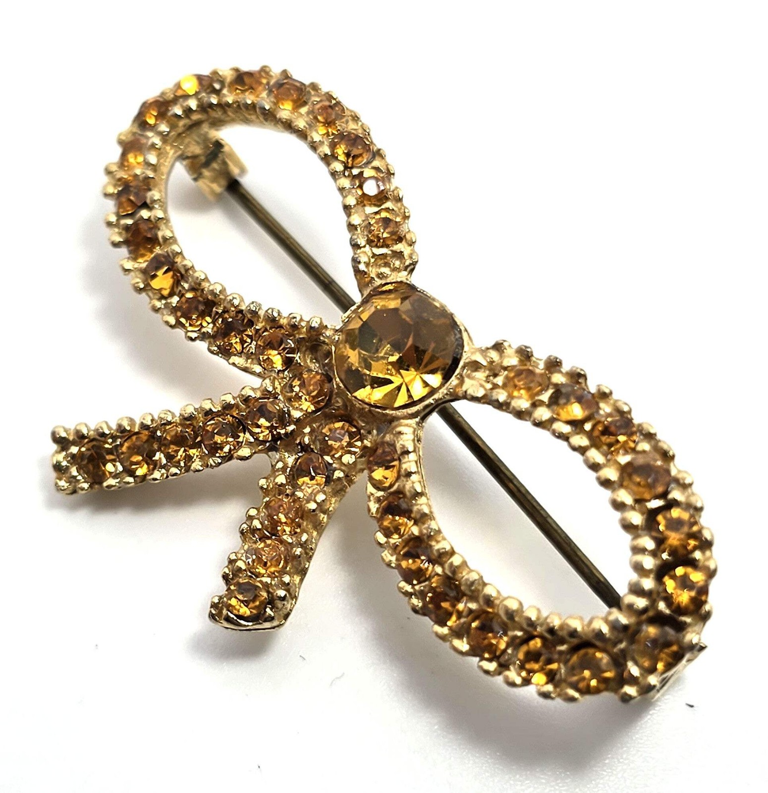 Orange Rhinestone gold toned mid century MCM vintage rhinestone bow brooch