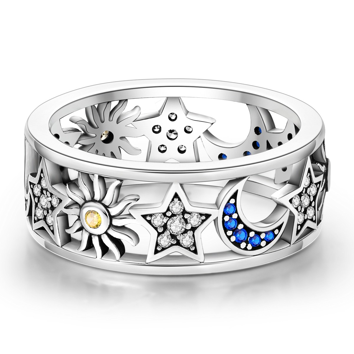 LAZA 925 Sterling Silver Sun Moon Star Hollow Finger Ring Blue CZ Women Jewelry
