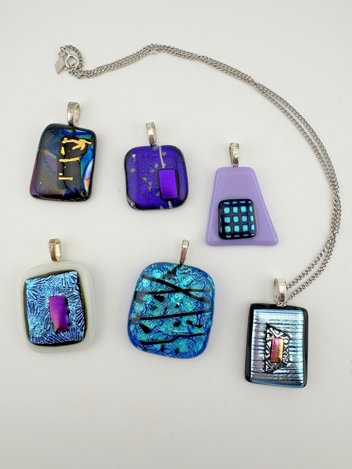 Dichroic Glass Pendant Set Multi Color Geometric Shapes Artisan Handmade