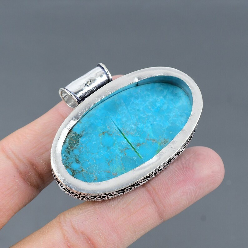 Tibetan Turquoise Gemstone Handmade 925 Sterling Silver Jewelry Pendant 2.05″