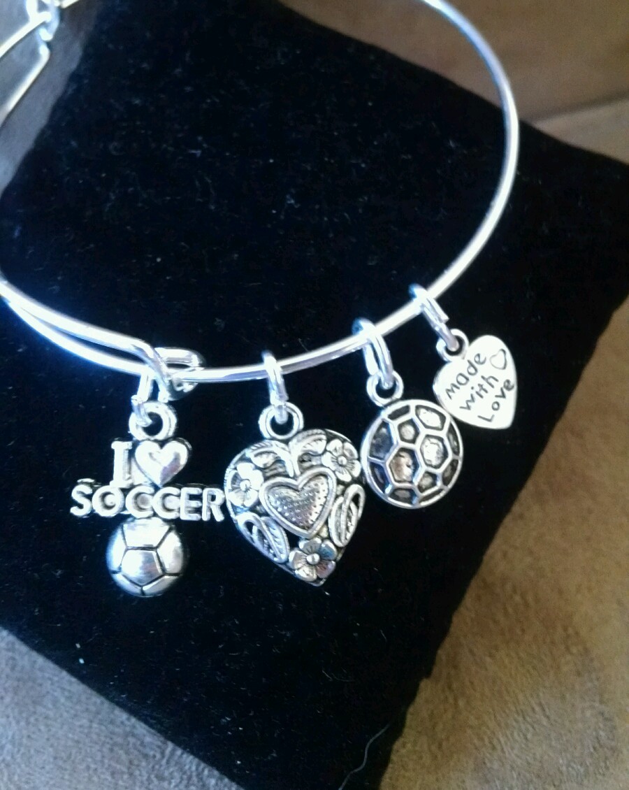 Expandable Silver Colored Handmade Bangle Charm Bracelet I LOVE SOCCER SPORTS