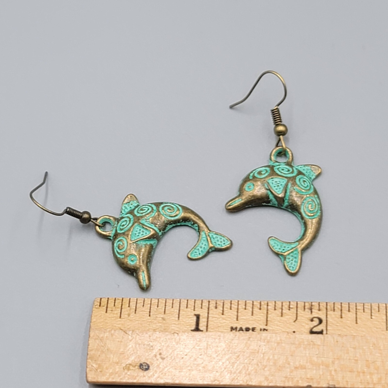 Dolphin Beach Sea life Pierced Earrings Bronze tone Green wash Dangle 1.25″