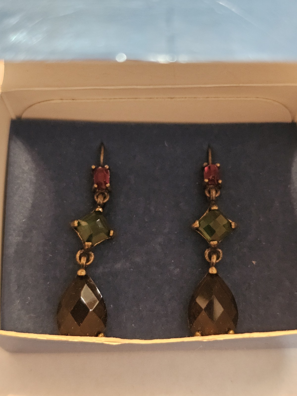 Vintage Avon Geometric Linear Dangle Earrings Bronzetone Purple Green Amber NIB