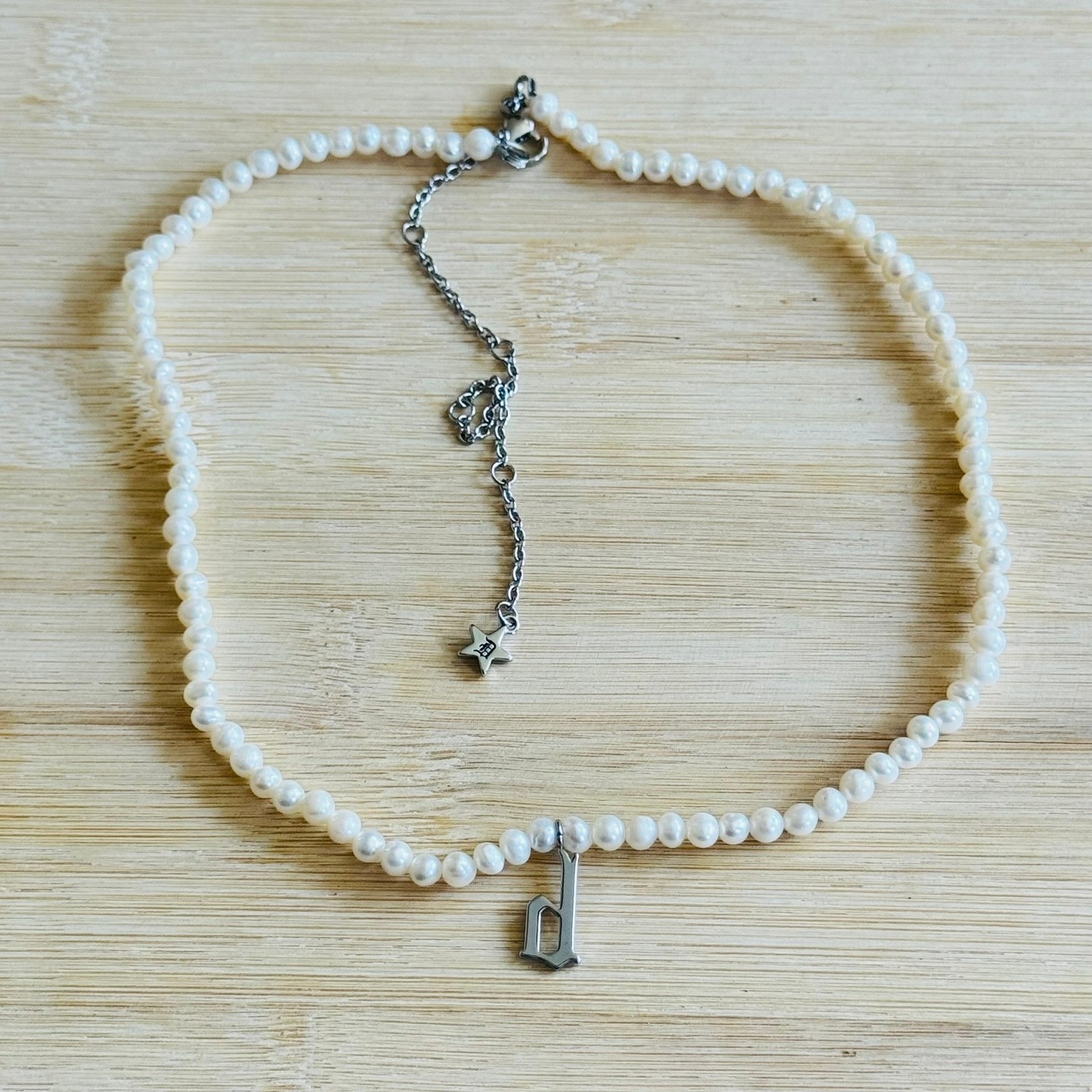 Dalmata Initial letter “d” Pearl Necklace Old English Pearl Goth Rockabilly 17″