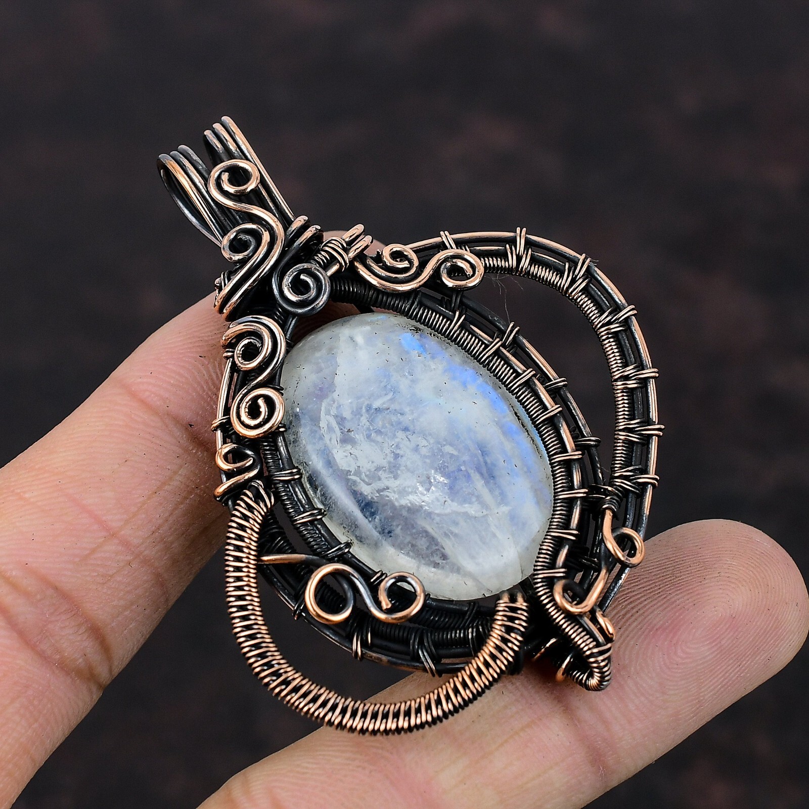 Rainbow Moonstone Wire Wrapped Pendant Handcrafted Copper Unique Gift 2.68″