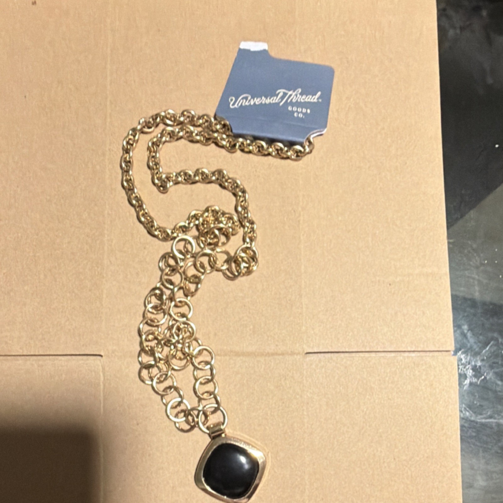 Universal Thread Gold Chain Necklace Black Asymmetrical Pendant Signed