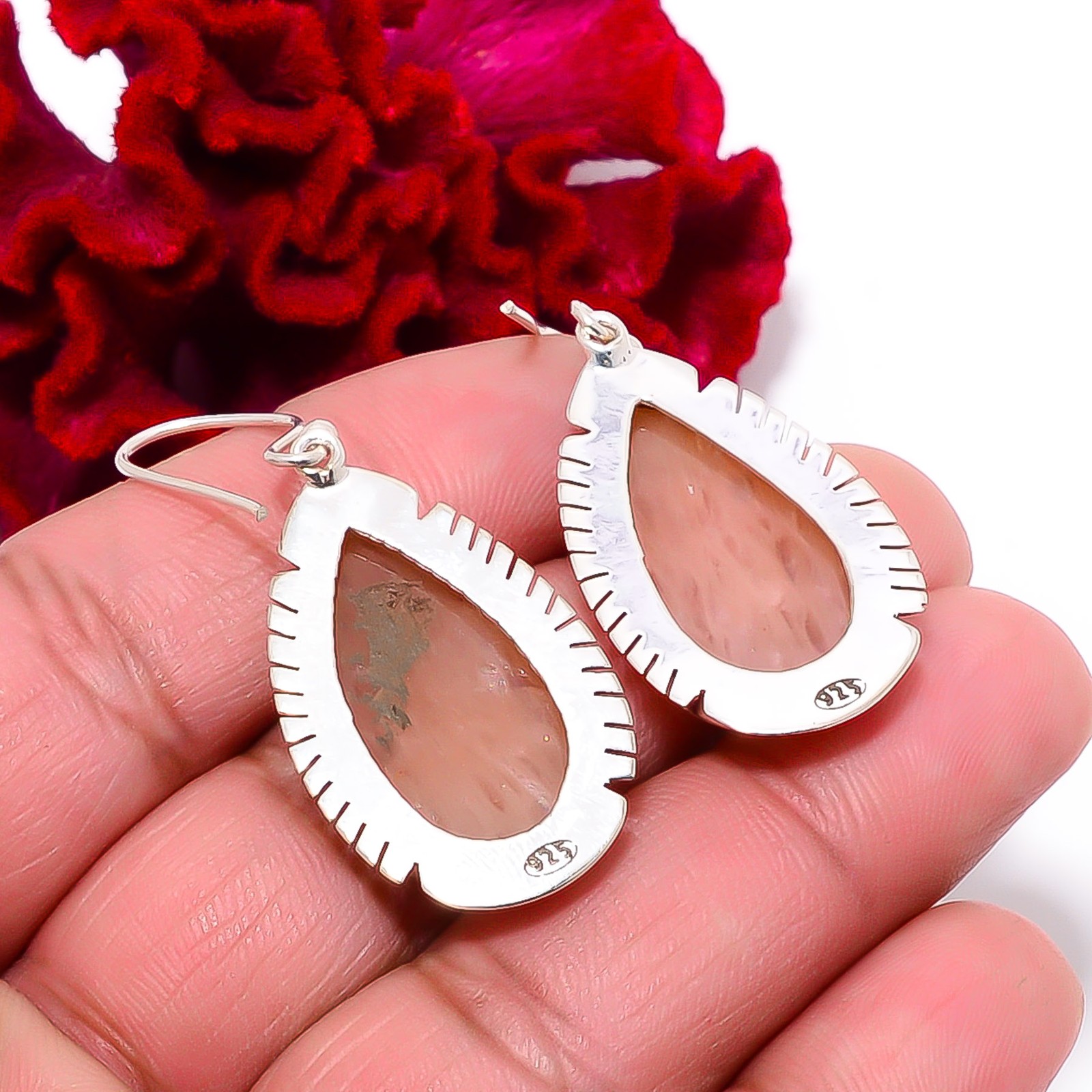 Beige Amazonite – Russia Designer Handmade 925 Sterling Silver Earring 1.79″ E66