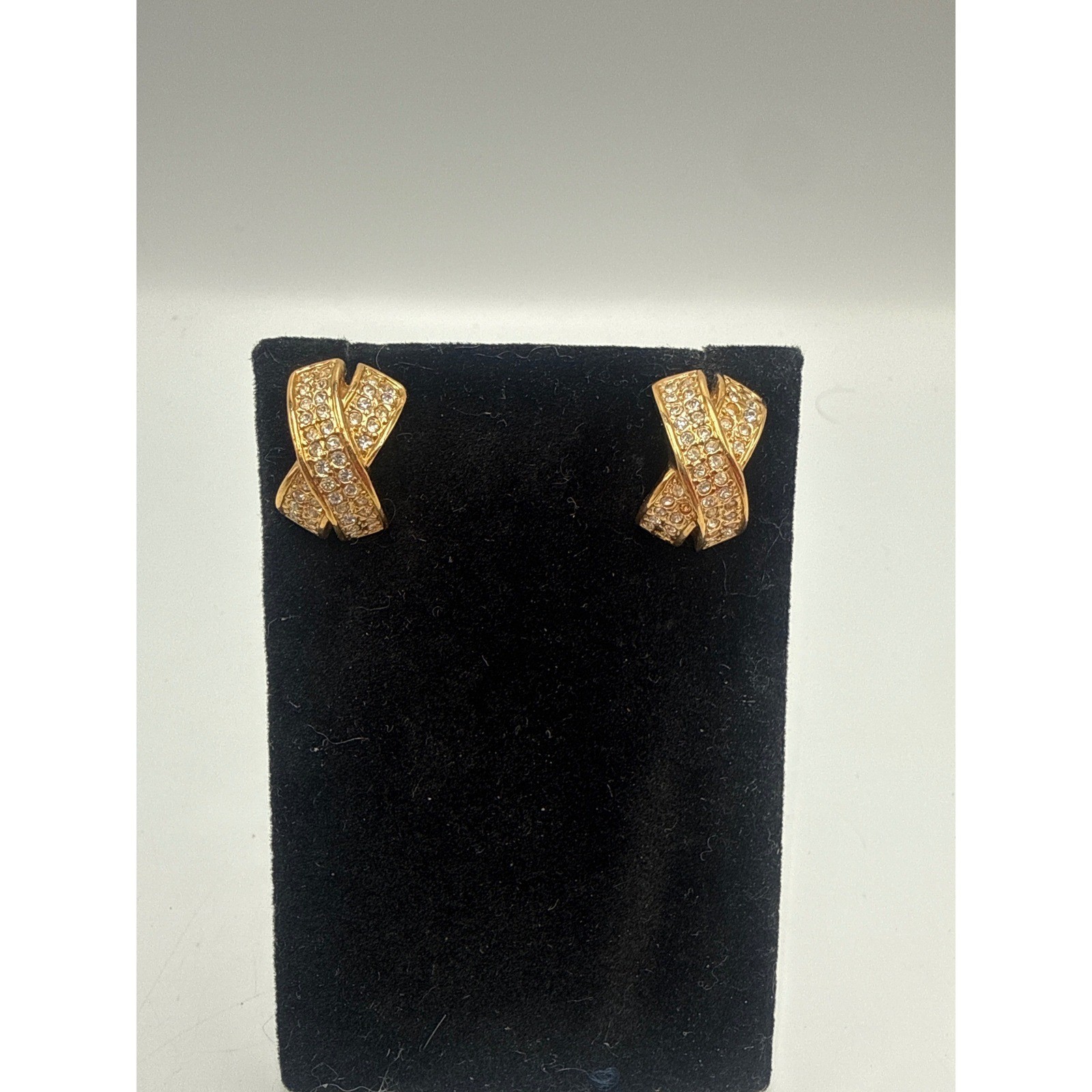 Roman Vintage Gold Tone Rhinestone Crisscross X Stud Earrings Pave Crystal