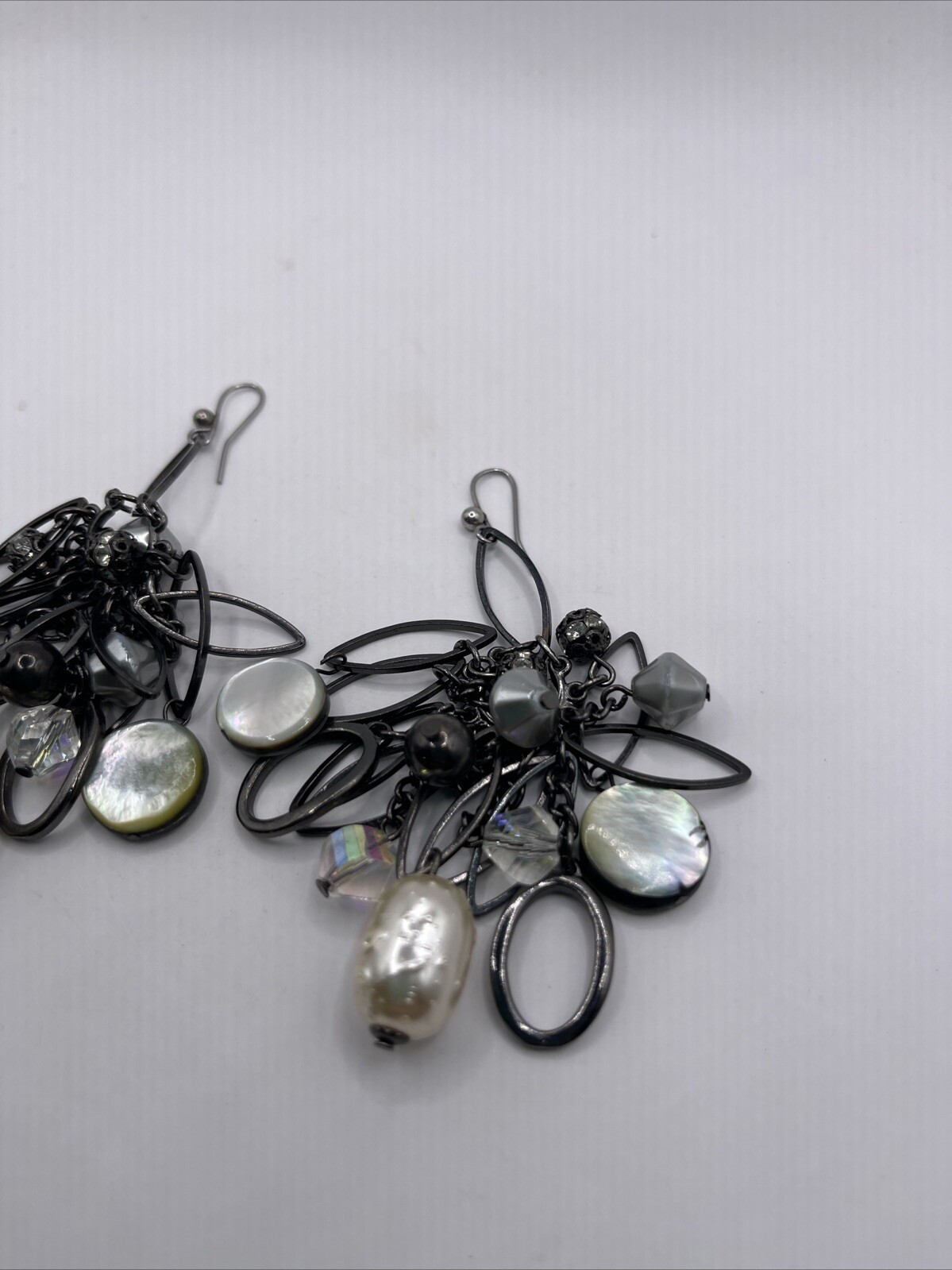 Long Bunched Round Silver Beaded Earrings