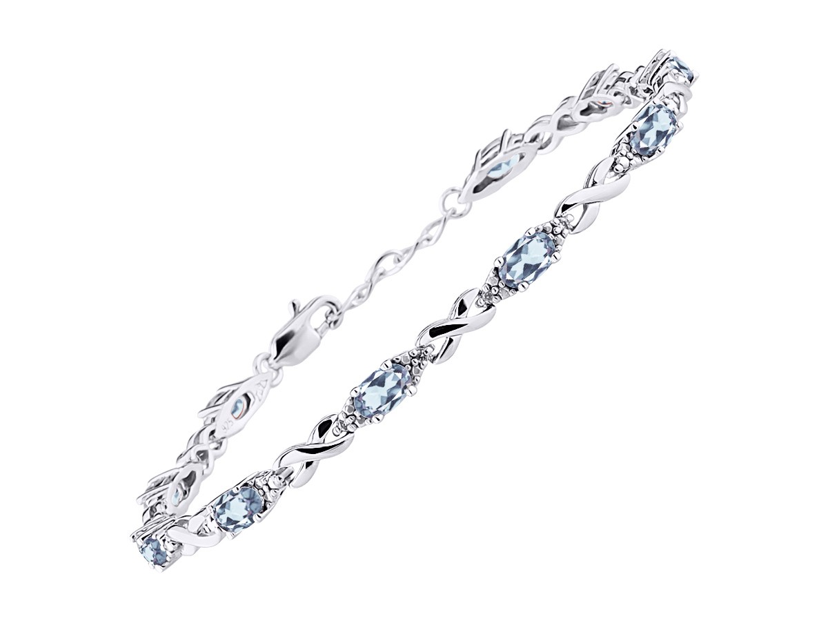 RYLOS AQUAMARINE & DIAMOND TENNIS BRACELET STERLING SILVER 7-8″