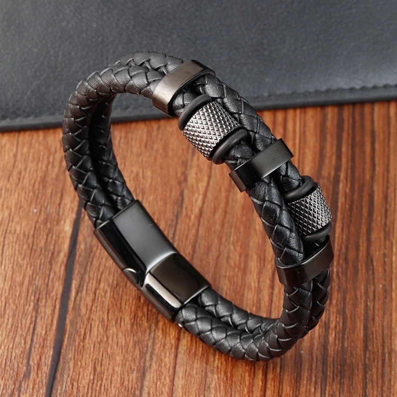 Braid Rope Bracelet Stainless Magnetic Buckle Genuine Leather Bangle Jewelry