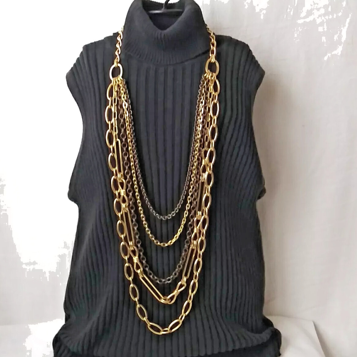 Heavy Gold Tone Multiple 5 Strand Layered Chain Statement Necklace Signed WORTH