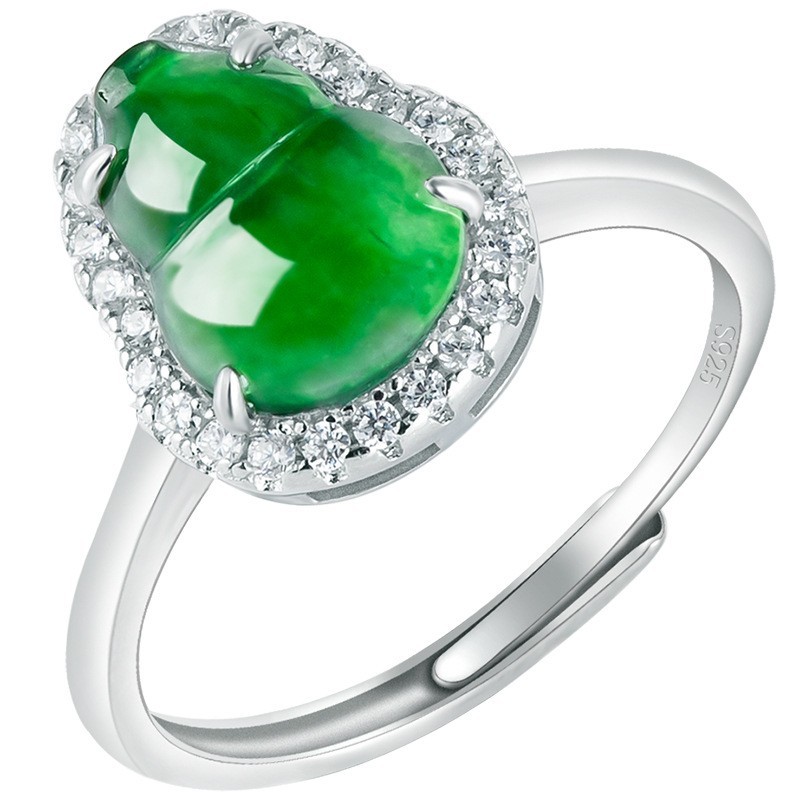 Adjustable S925 Green Jade Gourd Women Ring Jewelry With Authentic Certificate A