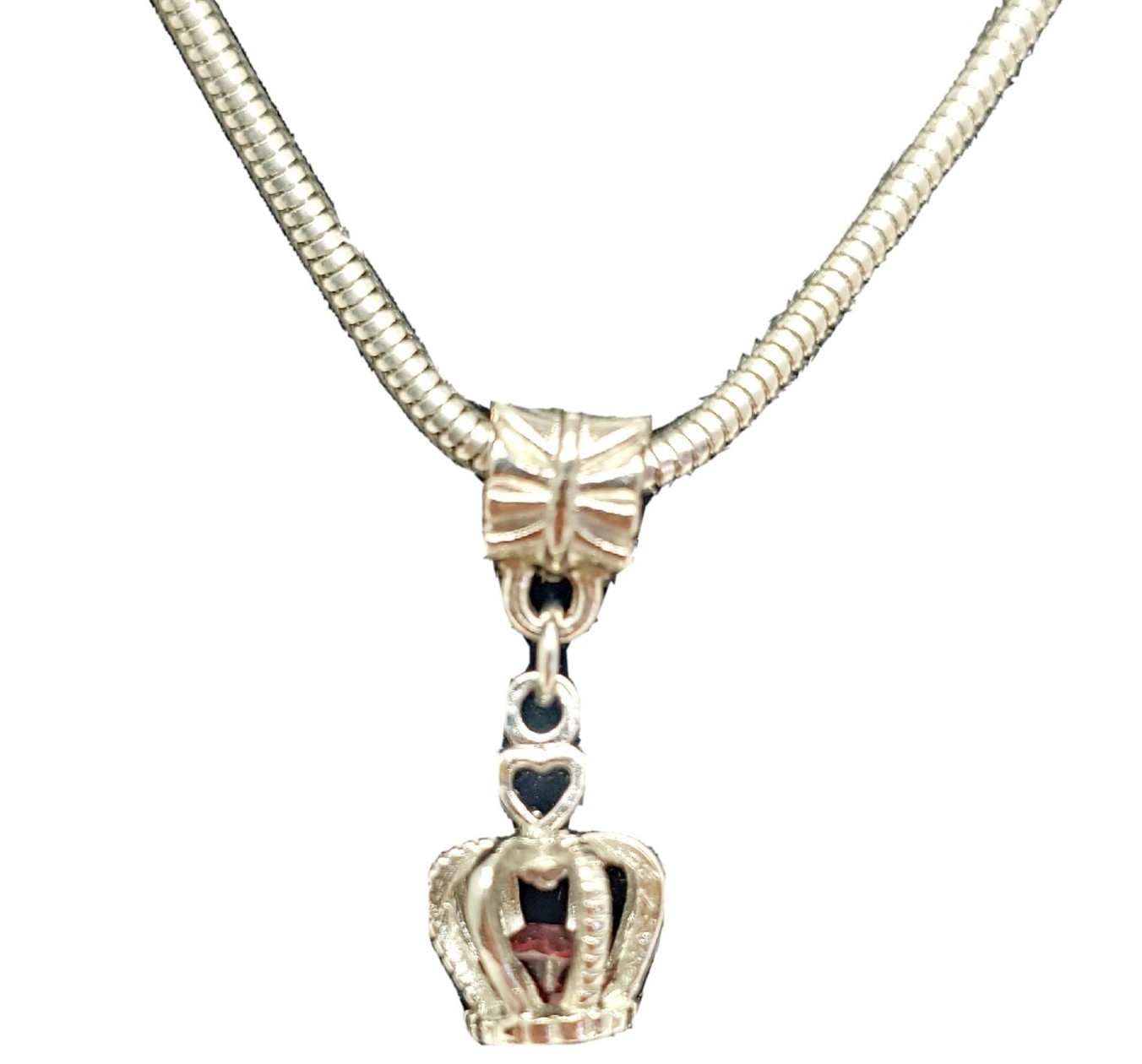 Silver Tone 20″ Necklace w/Crown Cage Purple Birthstone Charm Queen Princess